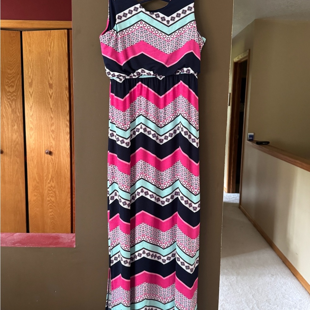 Three Hearts Pink and Navy Chevron Maxi Dress